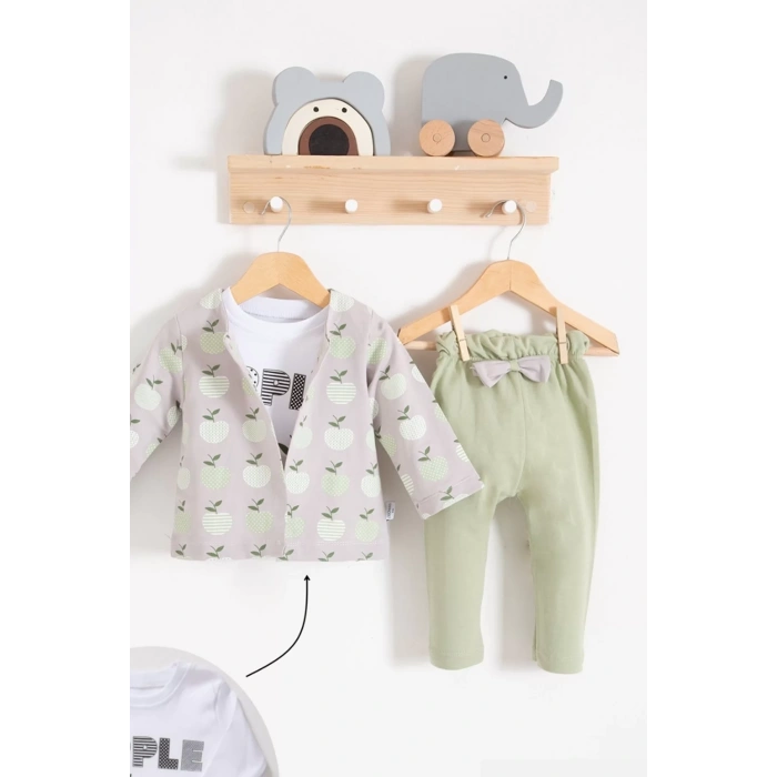 Eterelle Elma Desenli Ceketli 3lü Kız Bebek Takımı