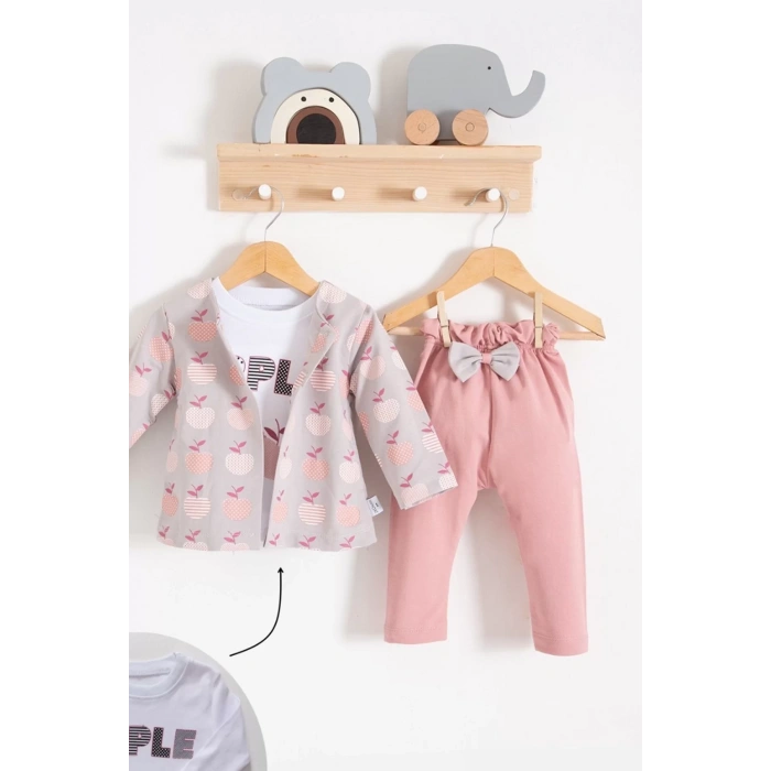 Eterelle Elma Desenli Ceketli 3lü Kız Bebek Takımı