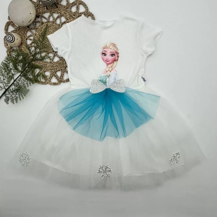 Eterelle 5-6-7 Yaş Elsa Desenli Fiyonklu Tül Etekli Astarlı Kısa Kollu Kız Çocuk Tütü Elbise Beyaz
