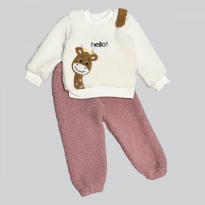 Eterelle 1-2-3 Yaş Hello Zürafa Nakışlı Kuzu Kumaş Sweat Pantolon Uzun Kollu Kız Erkek 2 Li Takımı Gül Kurusu
