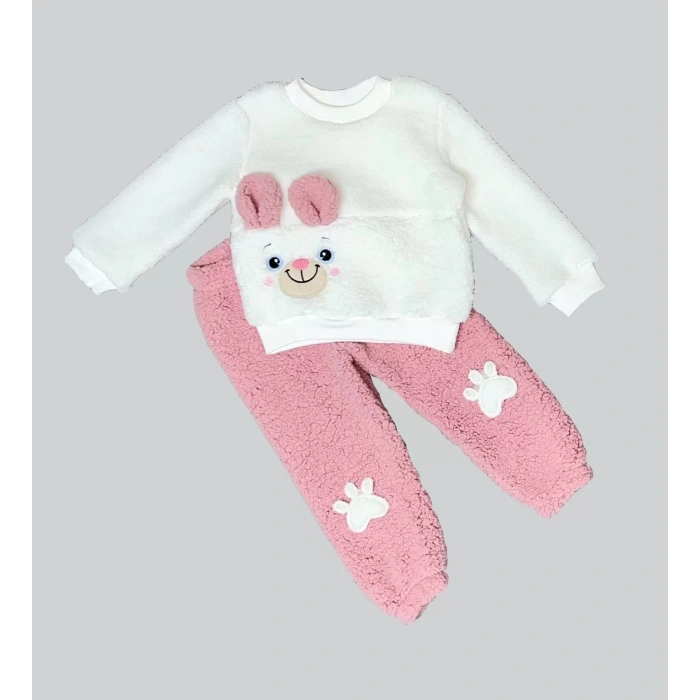 Eterelle 1-2-3 Yaş Kulaklı Patili Ayıcık Kuzu Kumaş Sweat Patili Pantolon Uzun Kollu Kız Erkek 2 Li Takımı Gül Kurusu