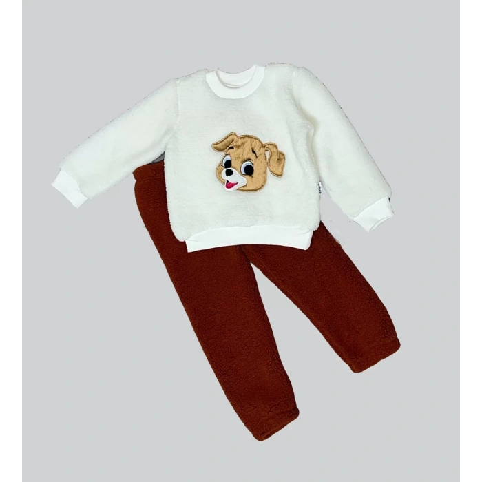 Eterelle 1-2-3 Yaş Mutlu Köpekcik Nakışlı Kuzu Kumaş Sweat Patili Pantolon Uzun Kollu Kız Erkek 2 Li Takımı Bordo