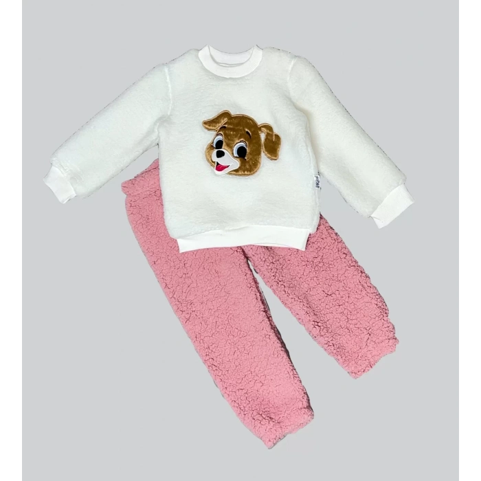 Eterelle 1-2-3 Yaş Mutlu Köpekcik Nakışlı Kuzu Kumaş Sweat Patili Pantolon Uzun Kollu Kız Erkek 2 Li Takımı Gül Kurusu