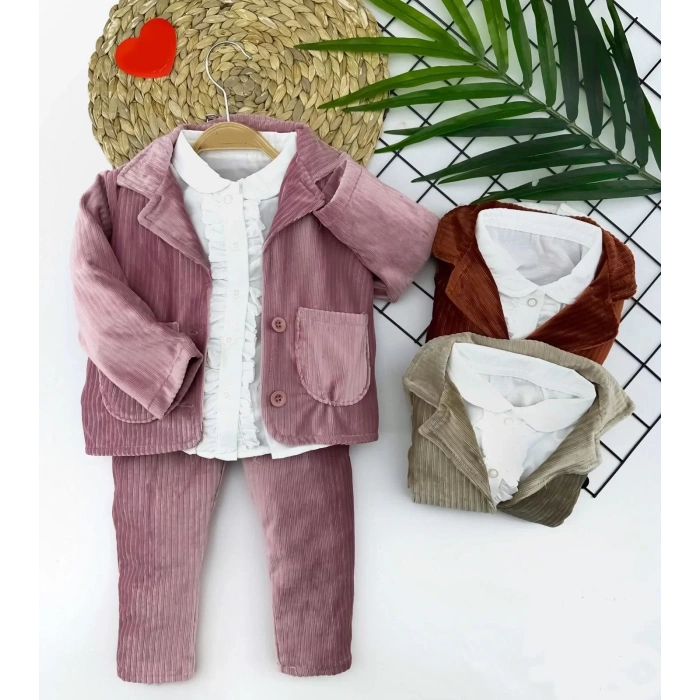 Eterelle 2-3-4-5 Yaş Düğme Kapamalı Fırfır Gömlekli Kadife Ceket Pantolon 3lü Kız Bebek Takımı Bej
