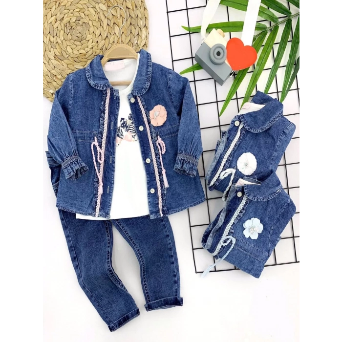 Eterelle 2-3-4-5 Yaş Düğme Kapamalı Kot Ceket 3lü Kız Çocuk Takımı Mavi