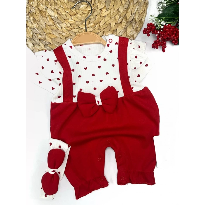 Eterelle 3-6-9-12 Ay Bandanalı Piti Kalp Baskılı Salopet Görünümlü 2li Kız Bebek Takımı