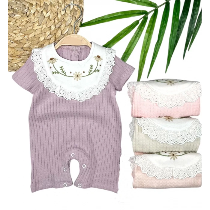 Eterelle 3-6-9-12 Ay Bebe Yaka Çiçek Nakışlı Pamuklu Petek Penye Yazlık Kız Bebek Tulumu