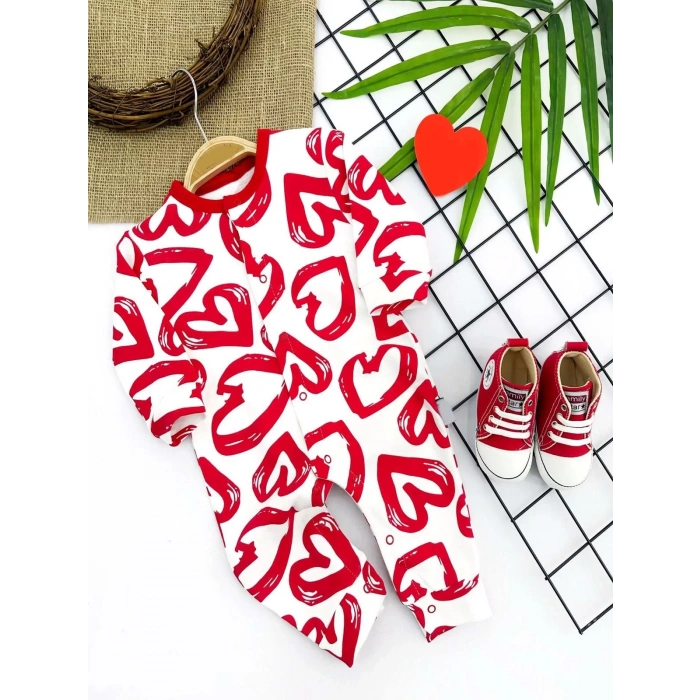 Eterelle 3-6-9-12 Ay Pastal Kalp Baskılı Uzun Kollu Kız Erkek Bebek Tulumu Kırmızı