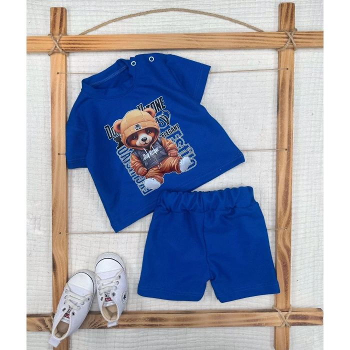 Eterelle 9-12-18-24 Ay Dansçı Ayıcık Baskılı Şortlu Kısa Kollu Tişört 2li Erkek Bebek Takımı