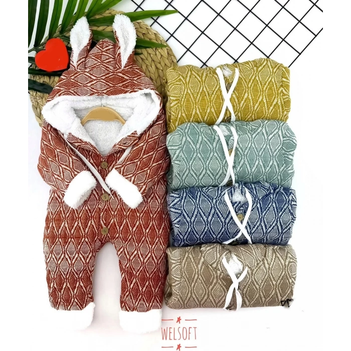 Eterelle 9-12-18-24 Ay Düğme Kapamalı Kulaklı Kapşonlu Motif Desenli Örme Kumaş Kız Erkek Bebek Tulumu Lacivert