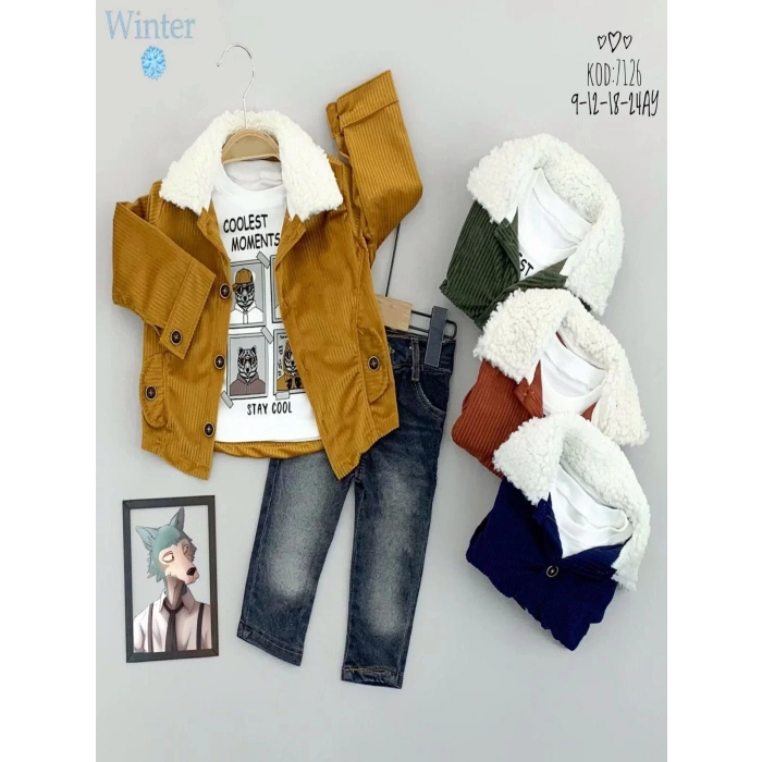 Eterelle 9-12-18-24 Ay Düğme Kapamalı Yakalı Ceket Uzun Kollu Sweatli Kot Pantolonlu 3lü Erkek Bebek Takımı Lacivert