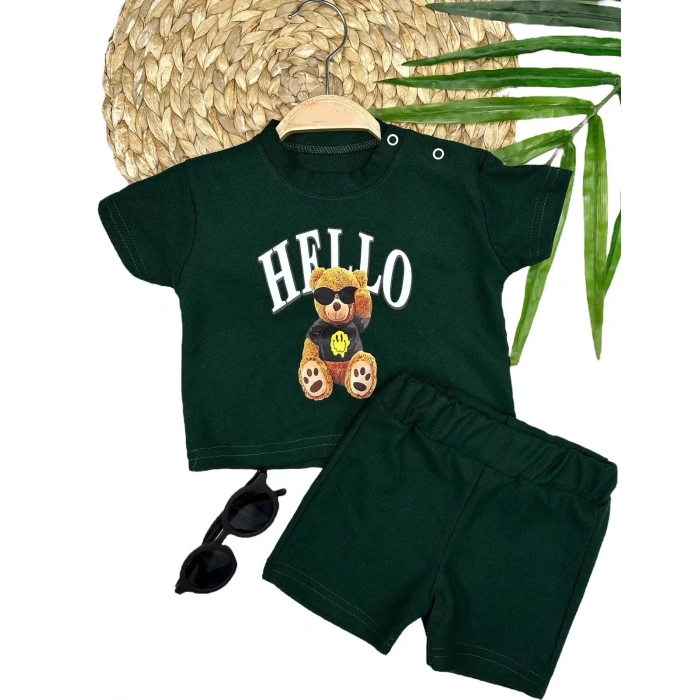 Eterelle 9-12-18-24 Ay Hello Gözlüklü Ayıcık Baskılı Şortlu Kısa Kollu Tişört 2li Erkek Bebek Takımı