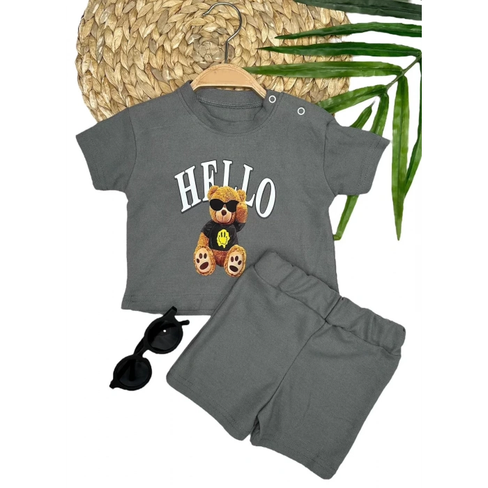 Eterelle 9-12-18-24 Ay Hello Gözlüklü Ayıcık Baskılı Şortlu Kısa Kollu Tişört 2li Erkek Bebek Takımı