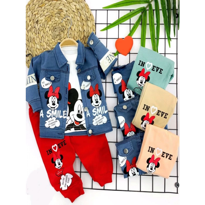 Eterelle 9-12-18-24 Ay Kot Ceketli Bayan Mickey Baskılı 3lü Kız Bebek Takımı Su Yeşili