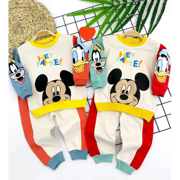 Eterelle 9-12-18-24 Ay Mickey Ve Arkadaşları Desenli Uzun Kollu Sweat 2li Kız Erkek Bebek Takımı Mavi
