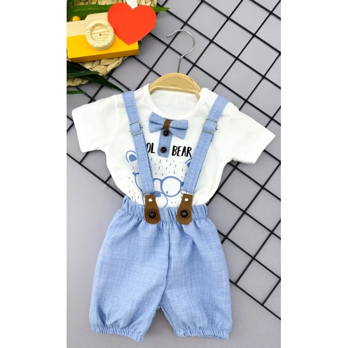 Eterelle 9-12-18-24 Ay Papyon Detaylı Keten Şort Salopet Tişörtlü 2li Erkek Bebek Takımı