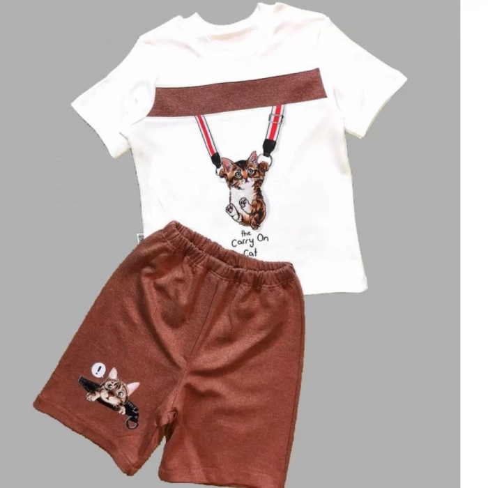 Eterelle 1-2-3 Yaş Fermuarlı Kedi Baskılı Şortlu Kısa Kollu Tişört 2li Erkek Bebek Takımı Kahverengi