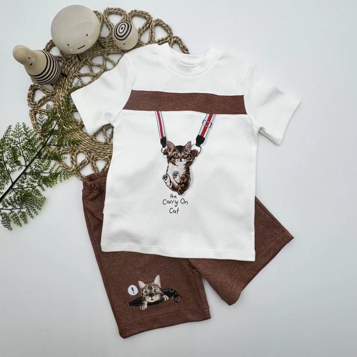 Eterelle 1-2-3 Yaş Fermuarlı Kedi Baskılı Şortlu Kısa Kollu Tişört 2li Erkek Bebek Takımı Kahverengi