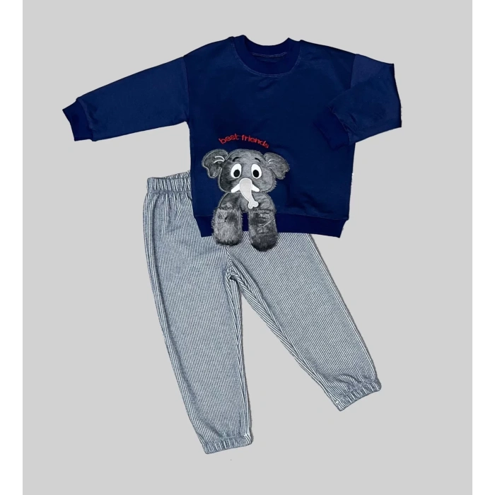 Eterelle 1-2-3 Yaş Filli Sallanan Ayak Desenli Likra Penye Kumaş Sweat Pantolonlu Kız Erkek 2li Çocuk Takımı Lacivert