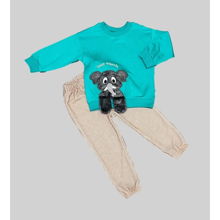 Eterelle 1-2-3 Yaş Filli Sallanan Ayak Desenli Likra Penye Kumaş Sweat Pantolonlu Kız Erkek 2li Çocuk Takımı Mint Yeşili