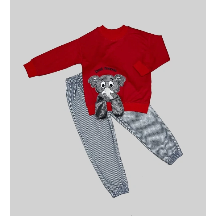 Eterelle 1-2-3 Yaş Filli Sallanan Ayak Desenli Likra Penye Kumaş Sweat Pantolonlu Kız Erkek 2li Çocuk Takımı Kırmızı