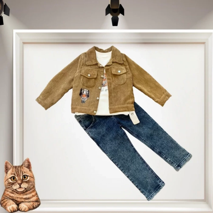 Eterelle 3-4-5 Yaş Fitilli Kadife Ceket Kot Pantolonlu 3lü Kız Erkek Çocuk Takımı Bej