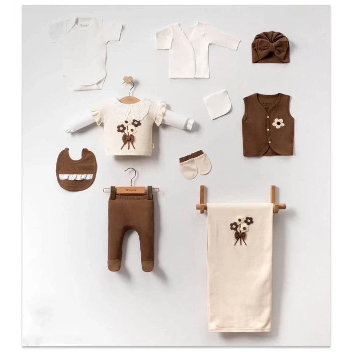 Eterelle Fiyonk Ve Çiçek Detaylı %100 Pamuk 10 Parça Bebek Hastane Çıkış