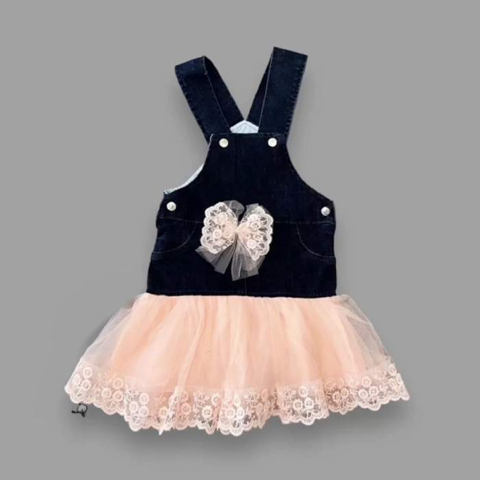 Eterelle 2-3-4 Yaş Fiyonklu Düğme Detaylı Tül Etek Kot Kumaş Salopet Kız Çocuk Elbisesi Lacivert-pudra