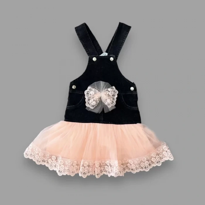 Eterelle 2-3-4 Yaş Fiyonklu Düğme Detaylı Tül Etek Kot Kumaş Salopet Kız Çocuk Elbisesi Siyah-pudra
