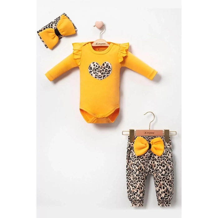 Eterelle Fiyonklu Leopar Desenli % 100 Pamuk Kız Bebek Takım