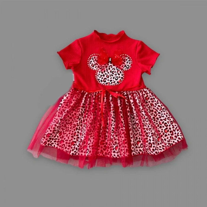 Eterelle 1-2-3 Yaş Fiyonklu Mickey Astarlı Etekli Kız Bebek Tütü Elbisesi Kırmızı