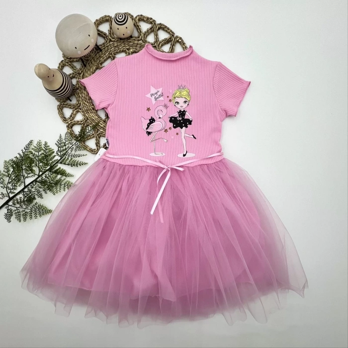 Eterelle 5-6-7 Yaş Flamingo Balerin Kız Baskılı Kurdela Kuşaklı Astarlı Kız Çocuk Tütü Elbise Pembe
