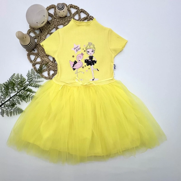 Eterelle 5-6-7 Yaş Flamingo Balerin Kız Baskılı Kurdela Kuşaklı Astarlı Kız Çocuk Tütü Elbise Sarı