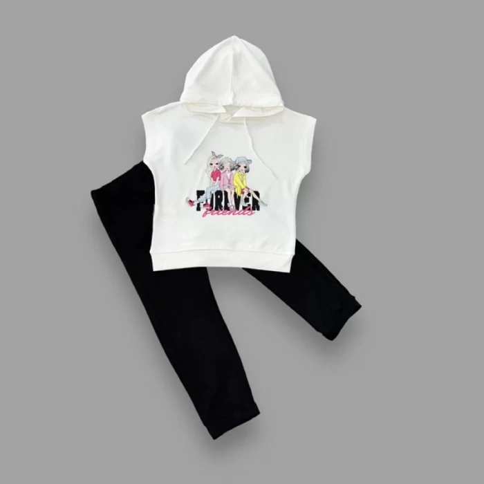 Eterelle 3-4-5 Yaş Forever Cici Kızlar Baskılı Kapşonlu 2li Kız Çocuk Takımı Siyah