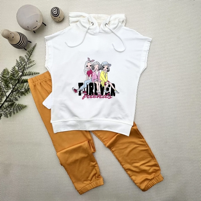 Eterelle 3-4-5 Yaş Forever Cici Kızlar Baskılı Kapşonlu 2li Kız Çocuk Takımı Turuncu