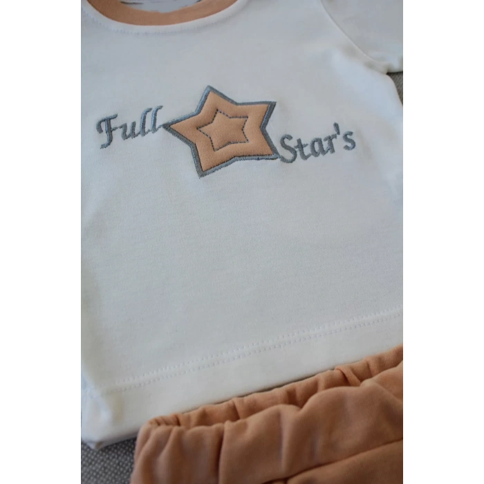 Eterelle 3-6 6-9 9-12 Ay Full Star Nakışlı Şapkalı Uzun Kollu Sweat 3lü Erkek Bebek Takımı Buğday