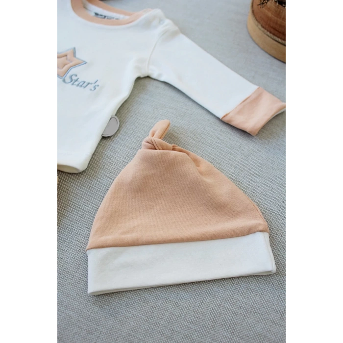 Eterelle 3-6 6-9 9-12 Ay Full Star Nakışlı Şapkalı Uzun Kollu Sweat 3lü Erkek Bebek Takımı Buğday