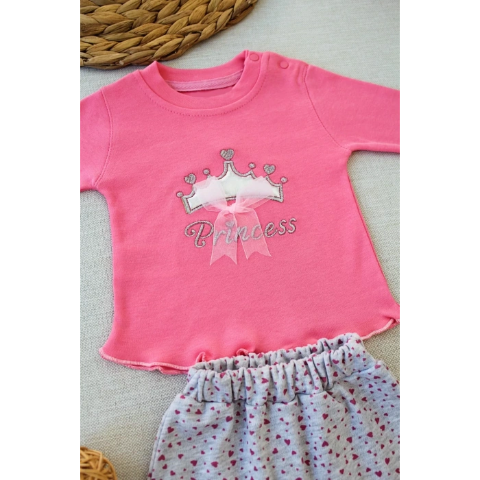 Eterelle 3-6 6-9 9-12 Ay Full Star Nakışlı Şapkalı Uzun Kollu Sweat 3lü Erkek Bebek Takımı Fuşya