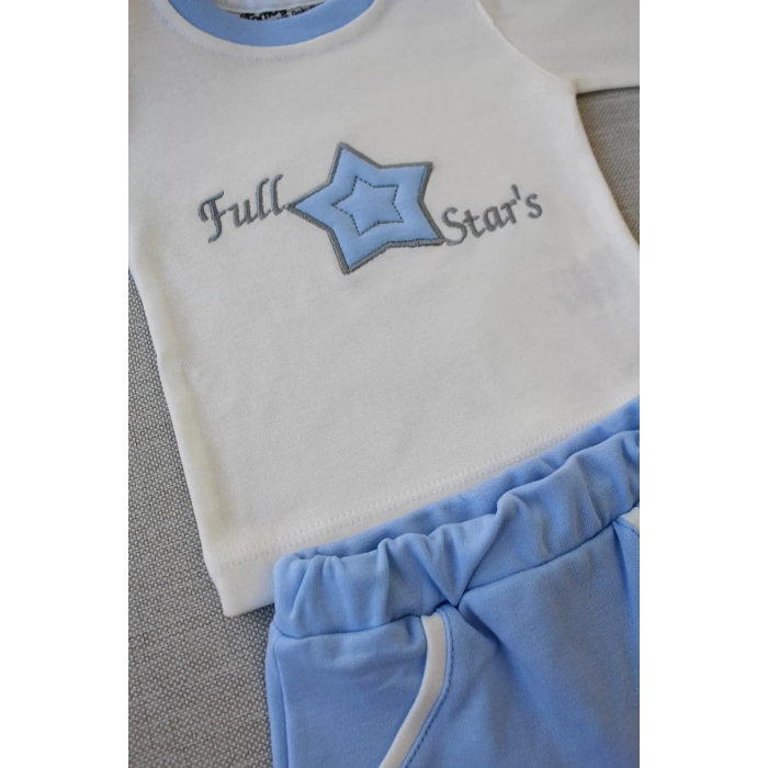 Eterelle 3-6 6-9 9-12 Ay Full Star Nakışlı Şapkalı Uzun Kollu Sweat 3lü Erkek Bebek Takımı Mavi