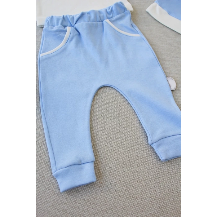 Eterelle 3-6 6-9 9-12 Ay Full Star Nakışlı Şapkalı Uzun Kollu Sweat 3lü Erkek Bebek Takımı Mavi