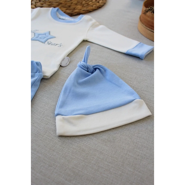 Eterelle 3-6 6-9 9-12 Ay Full Star Nakışlı Şapkalı Uzun Kollu Sweat 3lü Erkek Bebek Takımı Mavi