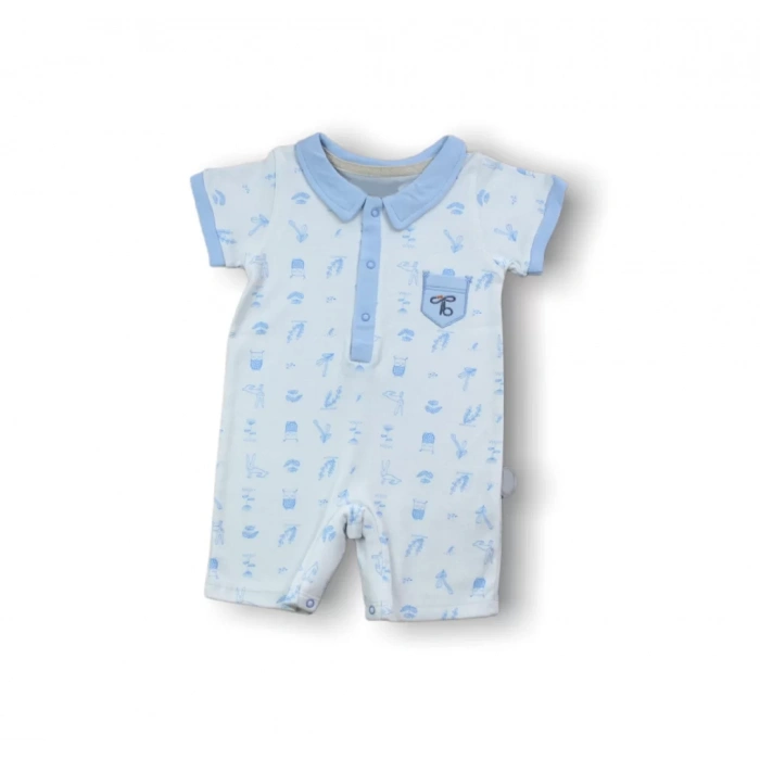 Eterelle 6-9 9-12 12-18 Ay Galaksi Baskılı Çıtçıtlı Kısa Kollu Erkek Bebek Tulumu Mavi