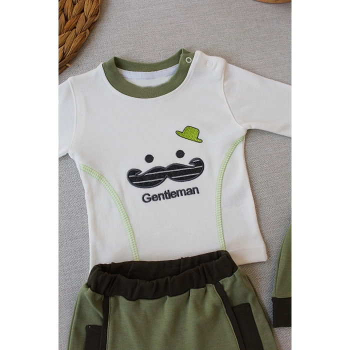 Eterelle 3-6 6-9 9-12 Ay Gentleman Erkek Nakışlı Şapkalı Uzun Kollu Sweat 3lü Erkek Bebek Takımı Yeşil