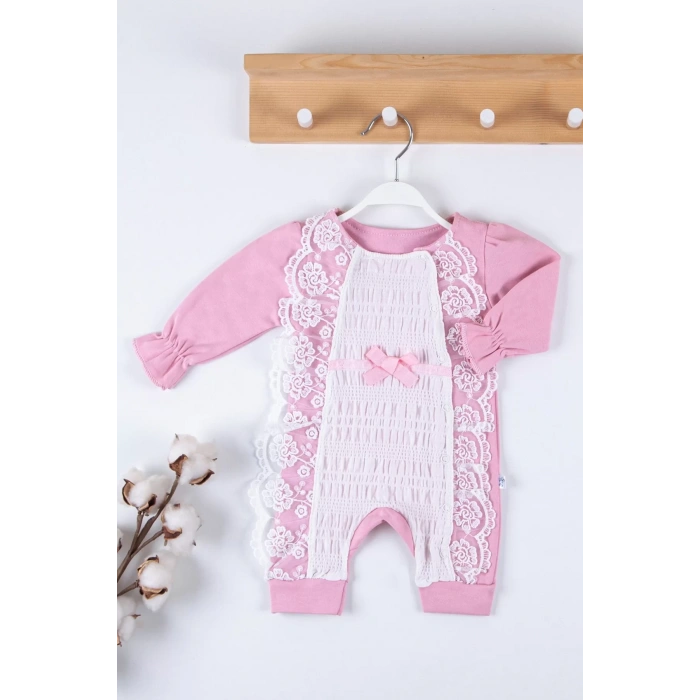 Eterelle Gofralı Fransız Güpürlü % 100 Pamuk Kız Bebek Tulumu