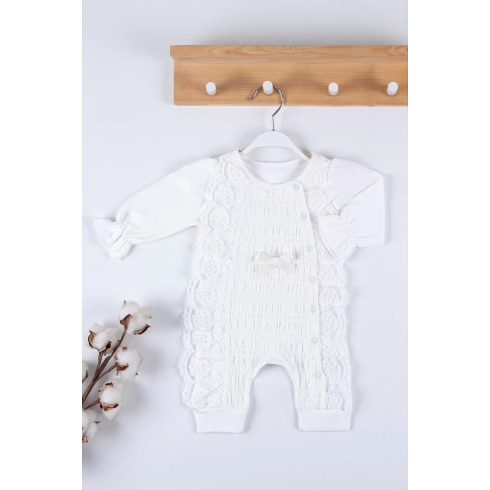 Eterelle Gofralı Fransız Güpürlü % 100 Pamuk Kız Bebek Tulumu