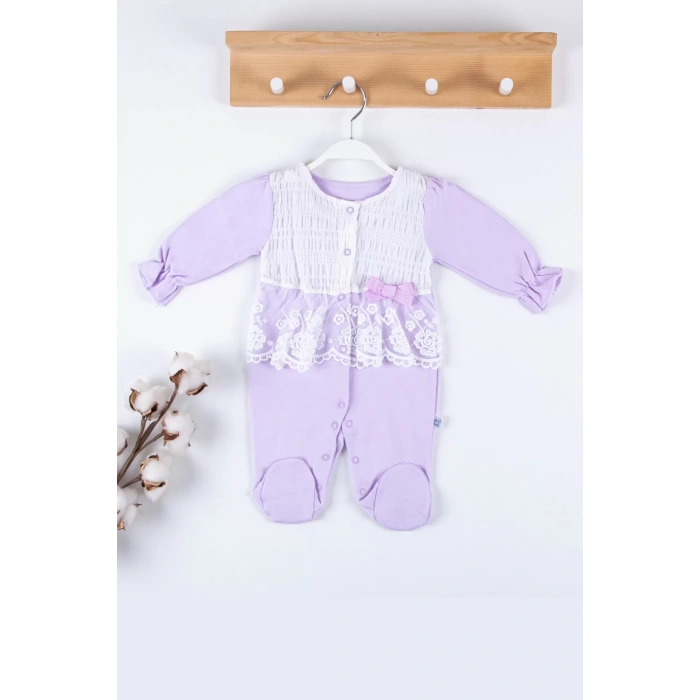 Eterelle Gofralı Fransız Güpürlü % 100 Pamuk Kız Bebek Tulumu