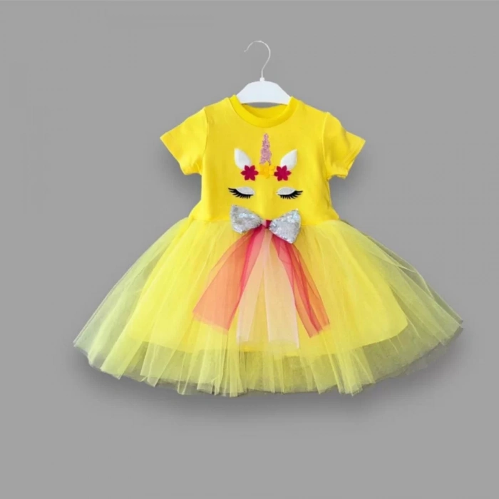 Eterelle 1-2-3 Yaş Gökkuşağı Kuyruklu Payet Pony Nakışlı Kız Bebek Tütü Elbisesi Sarı