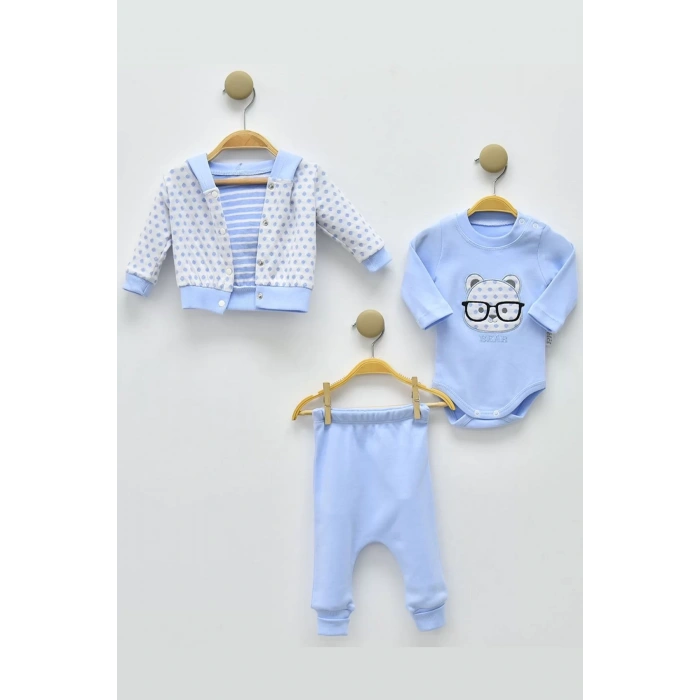 Eterelle Gözlüklü Bear Puan Desenli 3lü Erkek Bebek Takımı