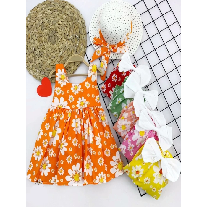 Eterelle 9-12-18-24 Ay Hasır Şapkalı Papatya Desenli Askılı 2li Kız Bebek Elbisesi Sarı