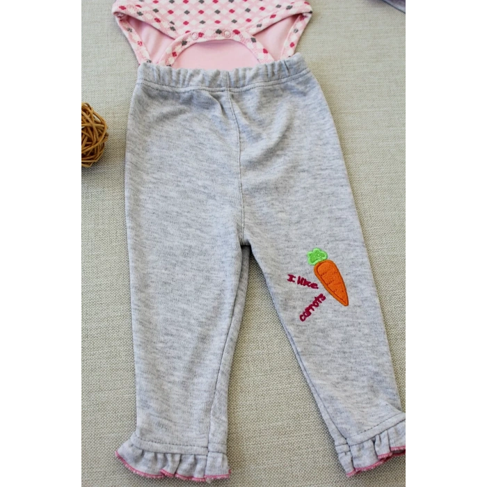 Eterelle 3-6 9-12 12-18 Ay Havuç Tavşan Nakışlı Bandanalı Uzun Kollu Zıbınlı 3lü Kız Bebek Tak Pembe